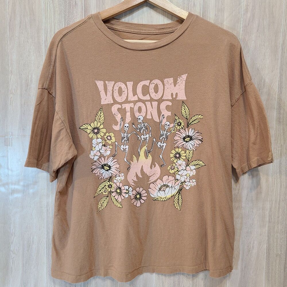 Volcom Stone Graphic Tee Shirt Womens XS Brown Skeleton Floral Flame Skate Surf